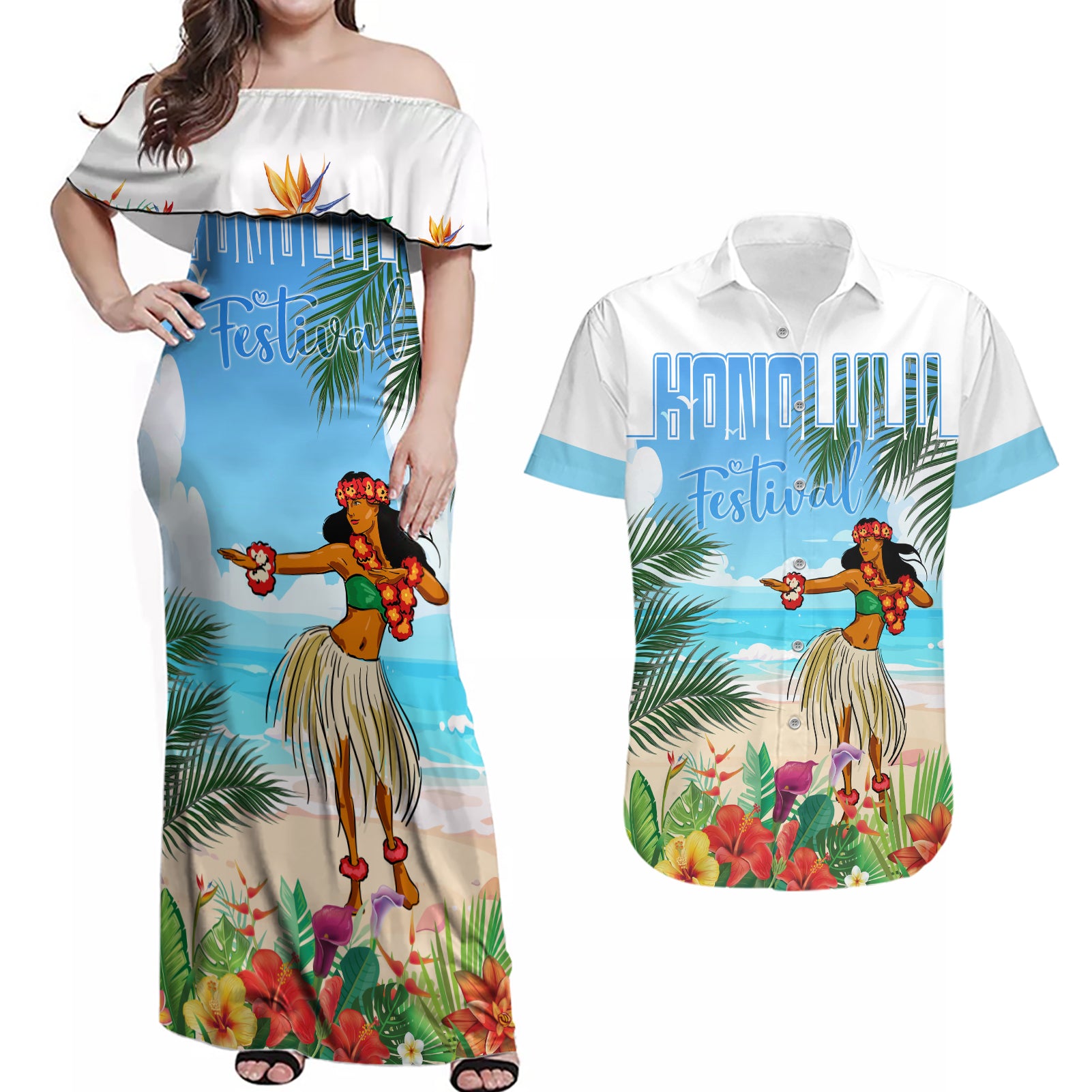 Personalised Hawaii Hula Girl Couples Matching Off Shoulder Maxi Dress and Hawaiian Shirt Honolulu Festival LT7 Art - Polynesian Pride