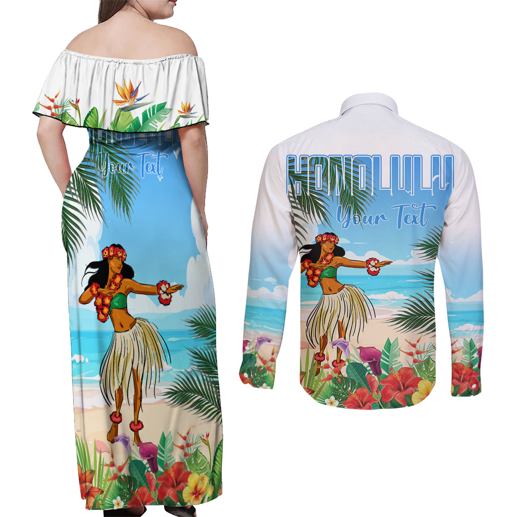 Personalised Hawaii Hula Girl Couples Matching Off Shoulder Maxi Dress and Long Sleeve Button Shirt Honolulu Festival LT7 - Polynesian Pride