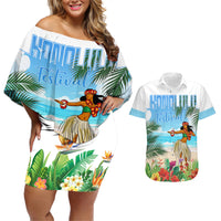 Personalised Hawaii Hula Girl Couples Matching Off Shoulder Short Dress and Hawaiian Shirt Honolulu Festival LT7 Art - Polynesian Pride
