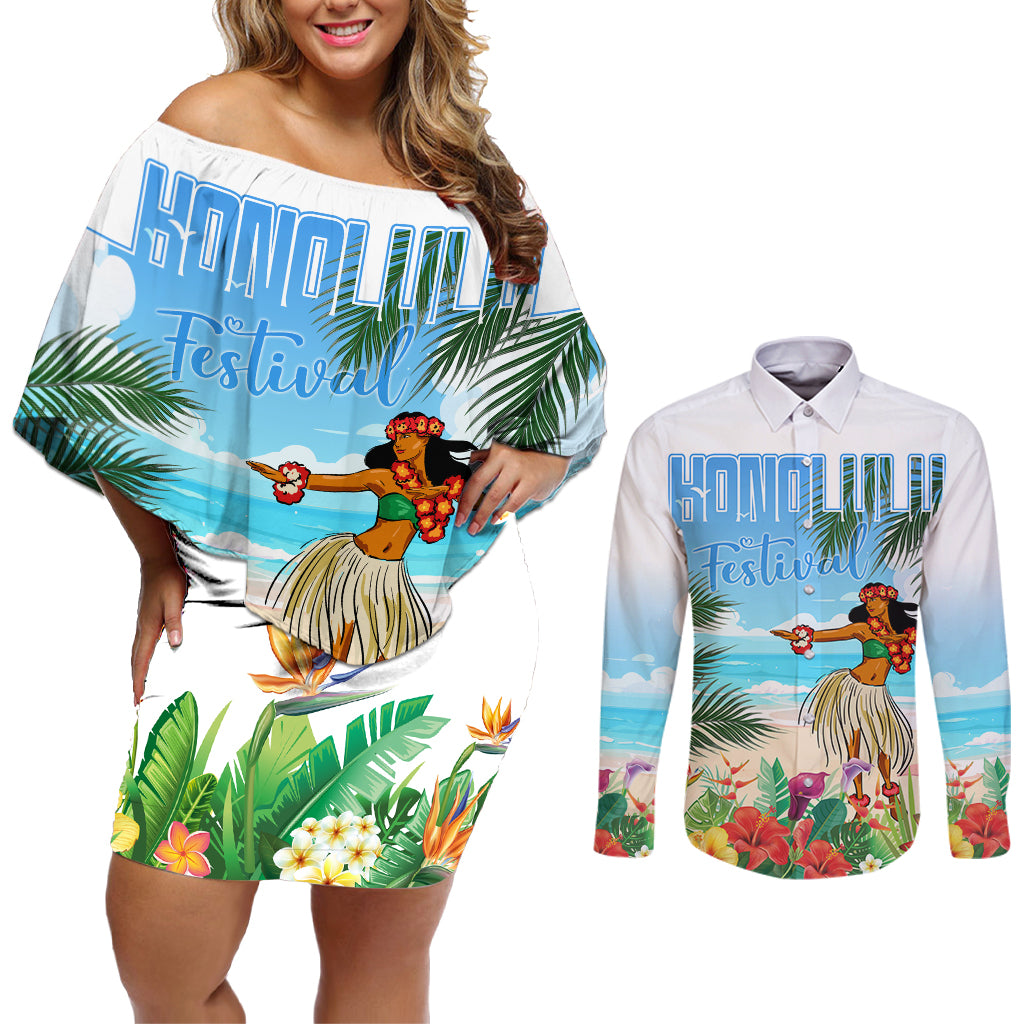 Personalised Hawaii Hula Girl Couples Matching Off Shoulder Short Dress and Long Sleeve Button Shirt Honolulu Festival LT7 Art - Polynesian Pride