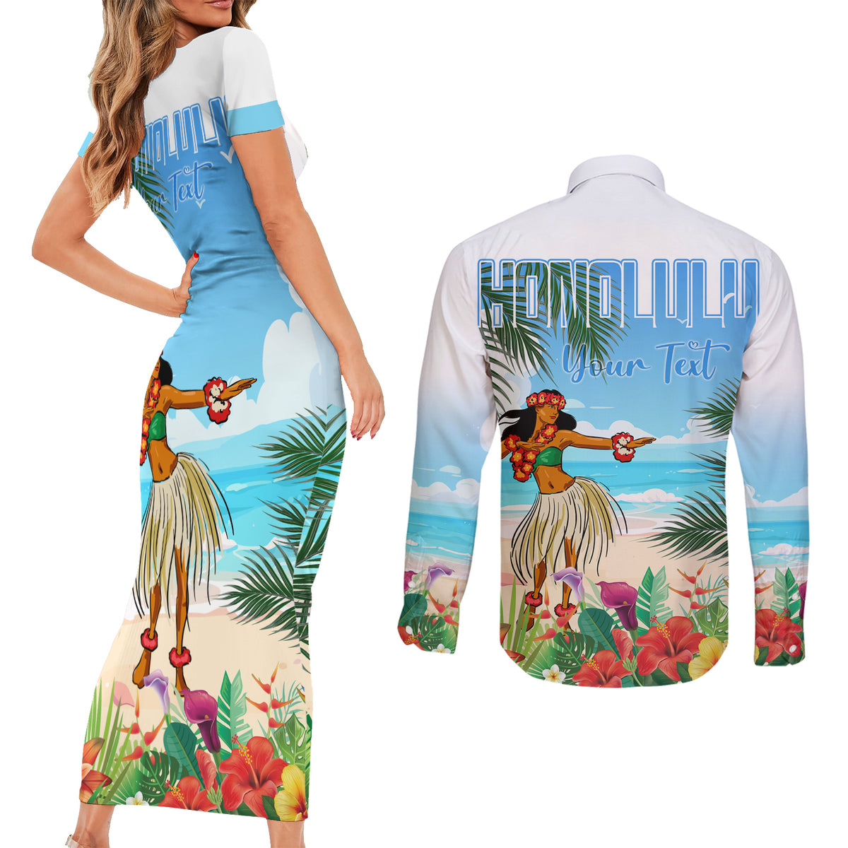 Personalised Hawaii Hula Girl Couples Matching Short Sleeve Bodycon Dress and Long Sleeve Button Shirt Honolulu Festival LT7 - Polynesian Pride