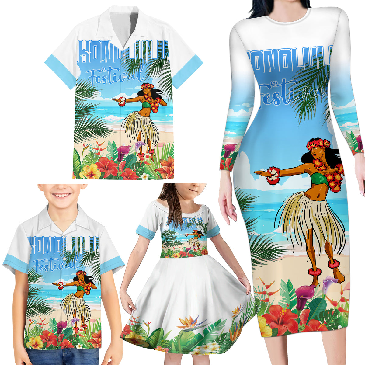 Personalised Hawaii Hula Girl Family Matching Long Sleeve Bodycon Dress and Hawaiian Shirt Honolulu Festival LT7 - Polynesian Pride