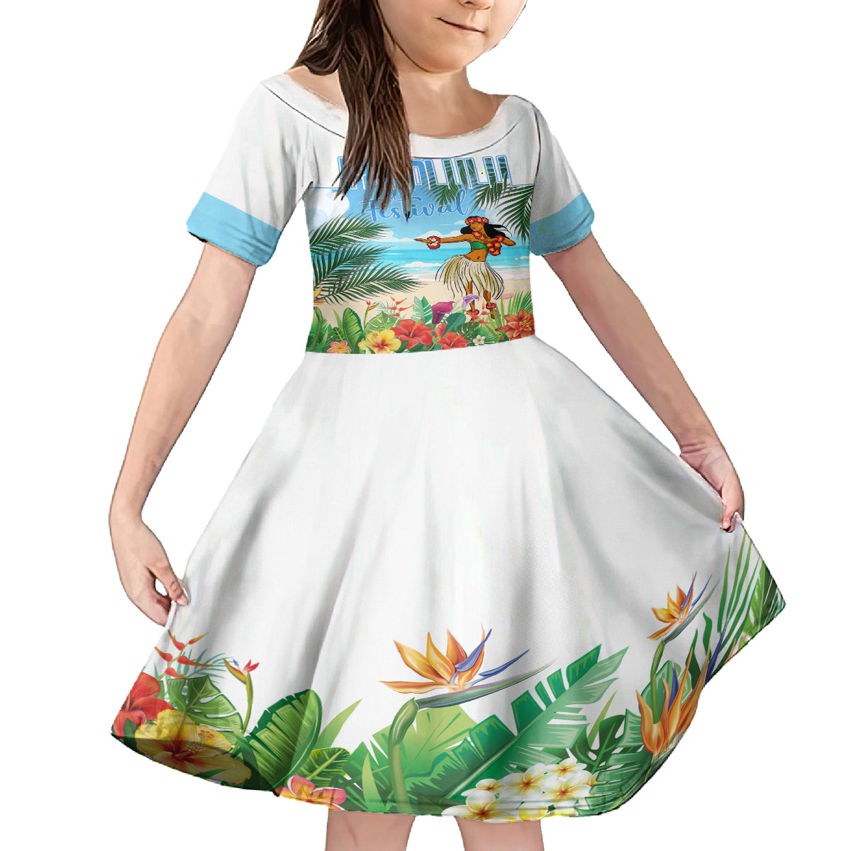 Personalised Hawaii Hula Girl Family Matching Off Shoulder Long Sleeve Dress and Hawaiian Shirt Honolulu Festival LT7 Daughter's Dress Art - Polynesian Pride