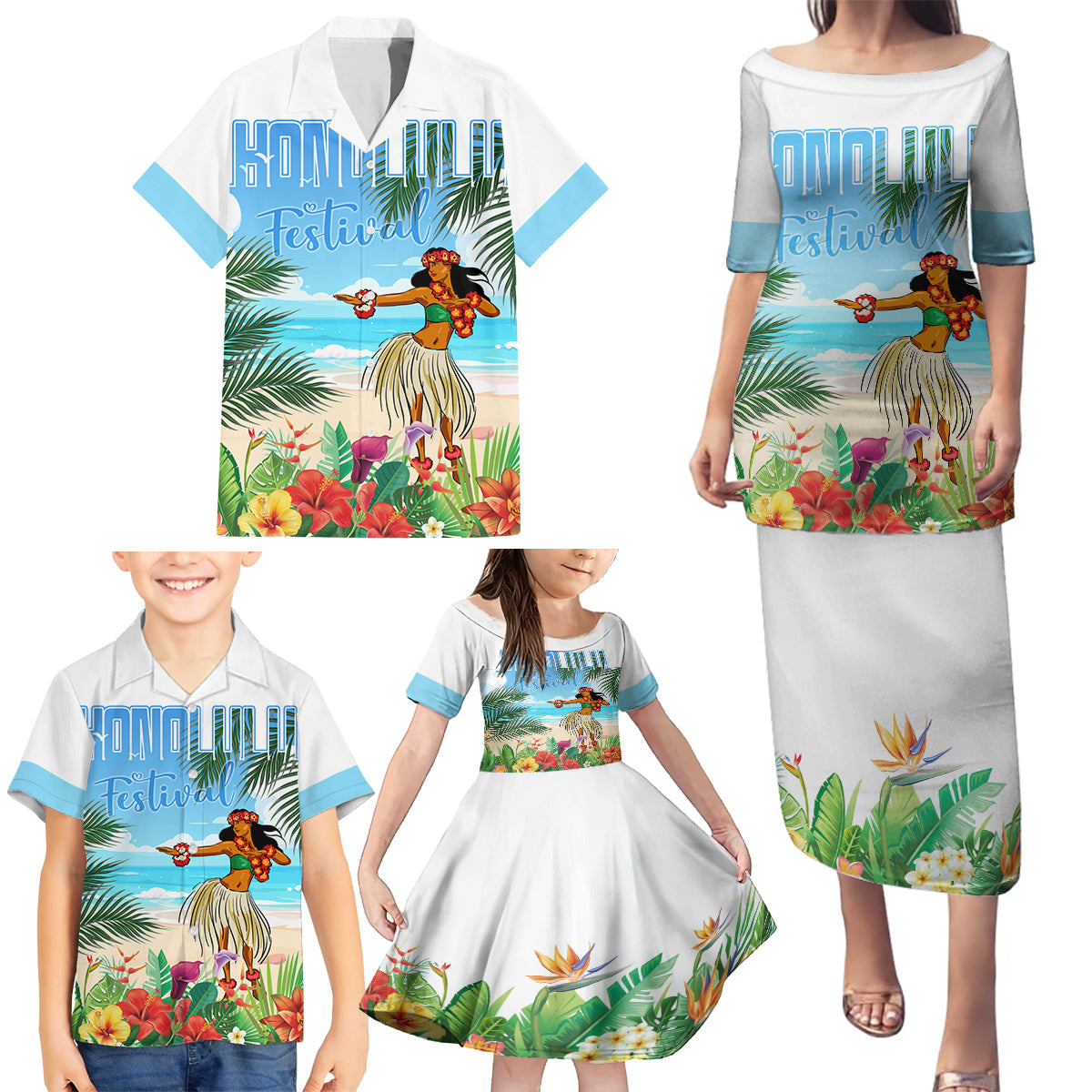 Personalised Hawaii Hula Girl Family Matching Puletasi and Hawaiian Shirt Honolulu Festival LT7 - Polynesian Pride