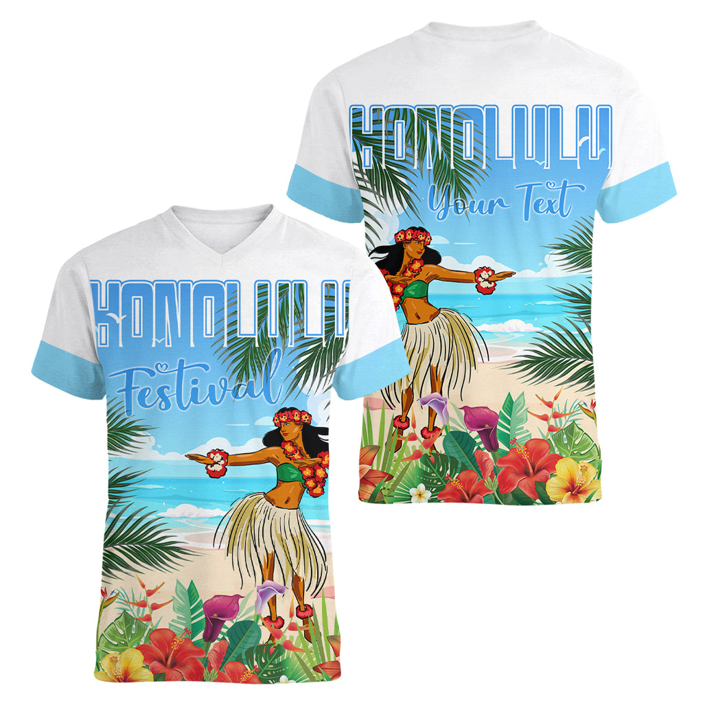 Personalised Hawaii Hula Girl Women V Neck T Shirt Honolulu Festival LT7 - Polynesian Pride