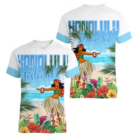 Personalised Hawaii Hula Girl Women V Neck T Shirt Honolulu Festival LT7 - Polynesian Pride