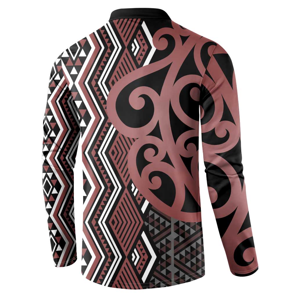 Maori Taniko Patterns Button Sweatshirt Brown Patiki Motifs Mix Whakairo Ngaru LT7 - Polynesian Pride