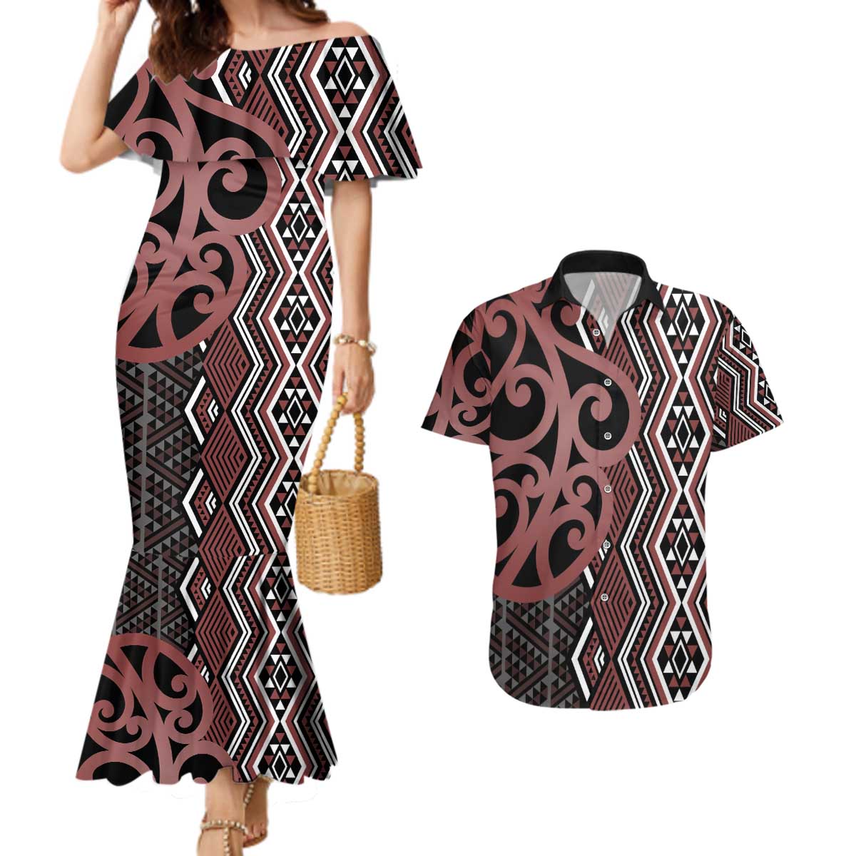 Maori Taniko Patterns Couples Matching Mermaid Dress and Hawaiian Shirt Brown Patiki Motifs Mix Whakairo Ngaru