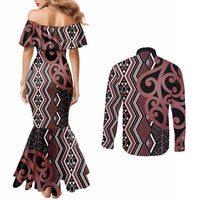 Maori Taniko Patterns Couples Matching Mermaid Dress and Long Sleeve Button Shirt Brown Patiki Motifs Mix Whakairo Ngaru