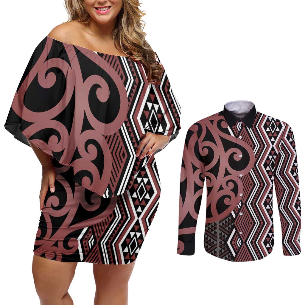 Maori Taniko Patterns Couples Matching Off Shoulder Short Dress and Long Sleeve Button Shirt Brown Patiki Motifs Mix Whakairo Ngaru