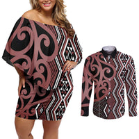 Maori Taniko Patterns Couples Matching Off Shoulder Short Dress and Long Sleeve Button Shirt Brown Patiki Motifs Mix Whakairo Ngaru