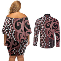 Maori Taniko Patterns Couples Matching Off Shoulder Short Dress and Long Sleeve Button Shirt Brown Patiki Motifs Mix Whakairo Ngaru