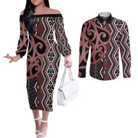 Maori Taniko Patterns Couples Matching Off The Shoulder Long Sleeve Dress and Long Sleeve Button Shirt Brown Patiki Motifs Mix Whakairo Ngaru