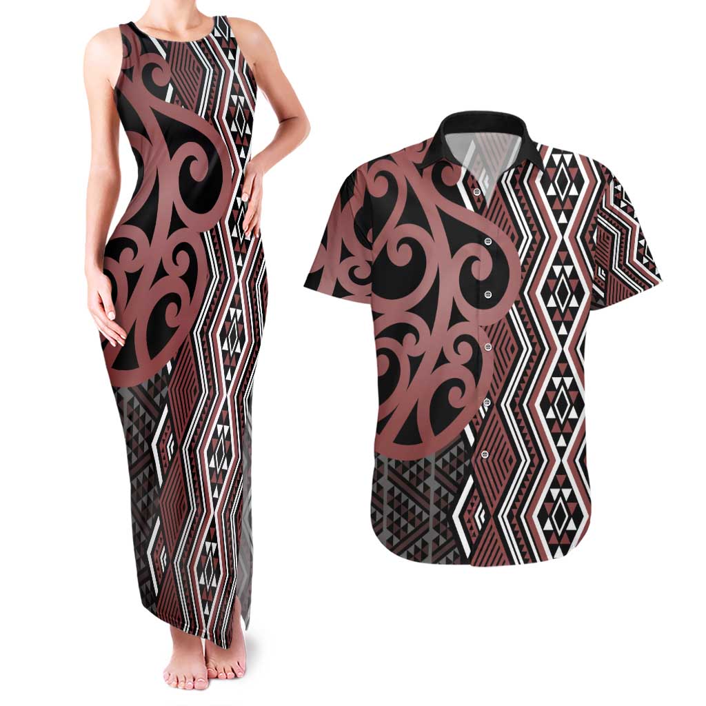 Maori Taniko Patterns Couples Matching Tank Maxi Dress and Hawaiian Shirt Brown Patiki Motifs Mix Whakairo Ngaru LT7 Brown - Polynesian Pride