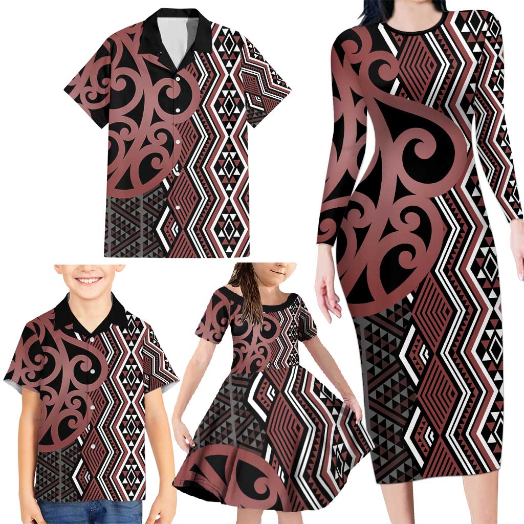 Maori Taniko Patterns Family Matching Long Sleeve Bodycon Dress and Hawaiian Shirt Brown Patiki Motifs Mix Whakairo Ngaru