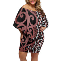 Maori Taniko Patterns Family Matching Off Shoulder Short Dress and Hawaiian Shirt Brown Patiki Motifs Mix Whakairo Ngaru