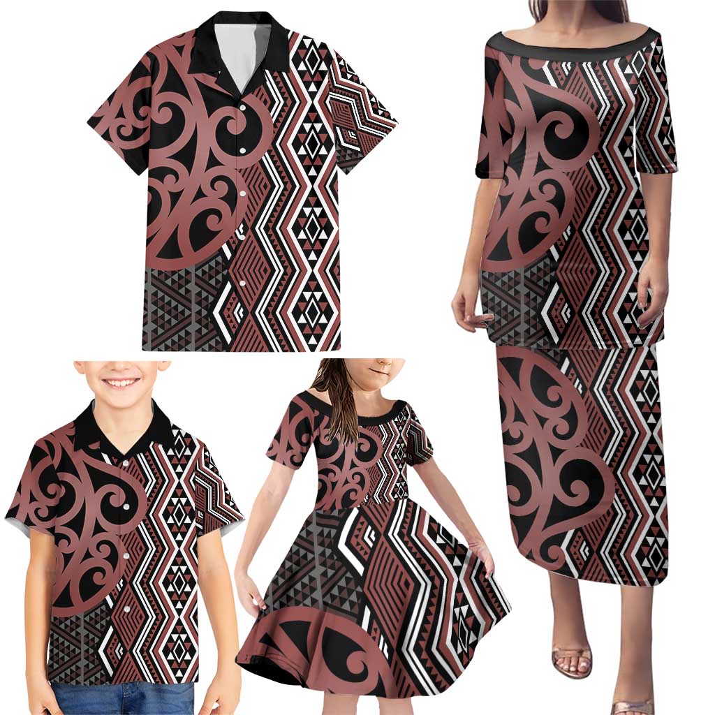 Maori Taniko Patterns Family Matching Puletasi and Hawaiian Shirt Brown Patiki Motifs Mix Whakairo Ngaru