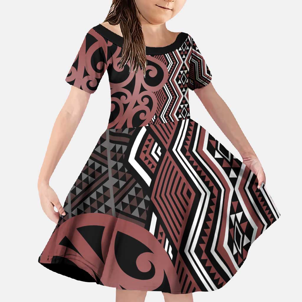 Maori Taniko Patterns Family Matching Summer Maxi Dress and Hawaiian Shirt Brown Patiki Motifs Mix Whakairo Ngaru