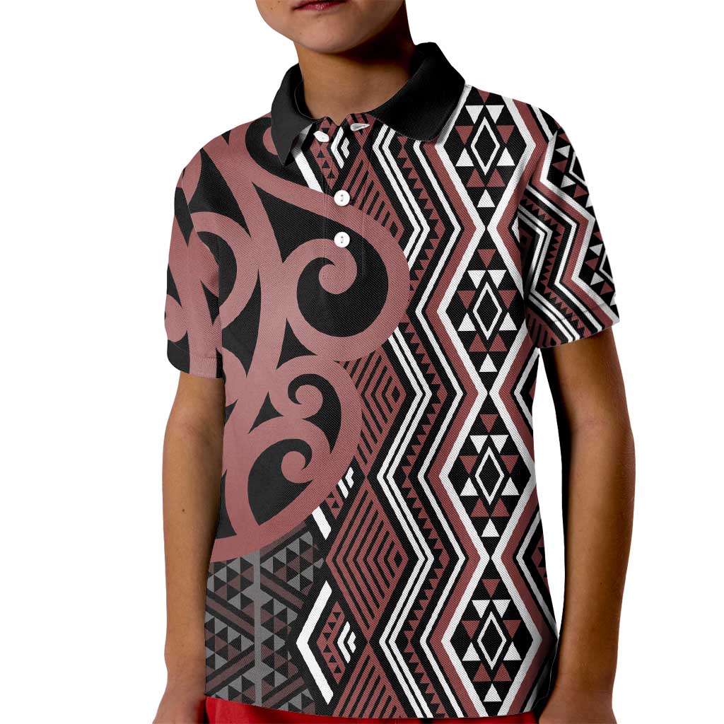 Maori Taniko Patterns Kid Polo Shirt Brown Patiki Motifs Mix Whakairo Ngaru
