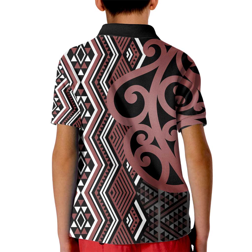 Maori Taniko Patterns Kid Polo Shirt Brown Patiki Motifs Mix Whakairo Ngaru