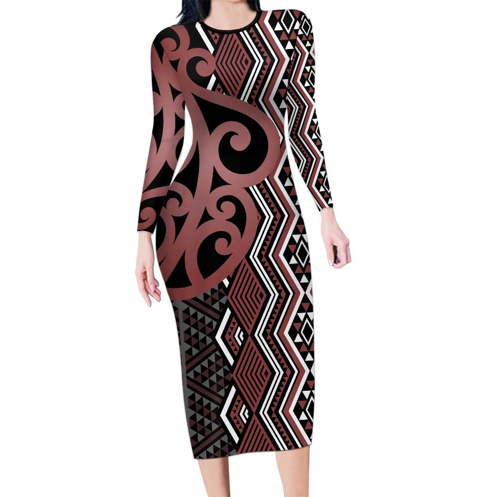 Maori Taniko Patterns Long Sleeve Bodycon Dress Brown Patiki Motifs Mix Whakairo Ngaru