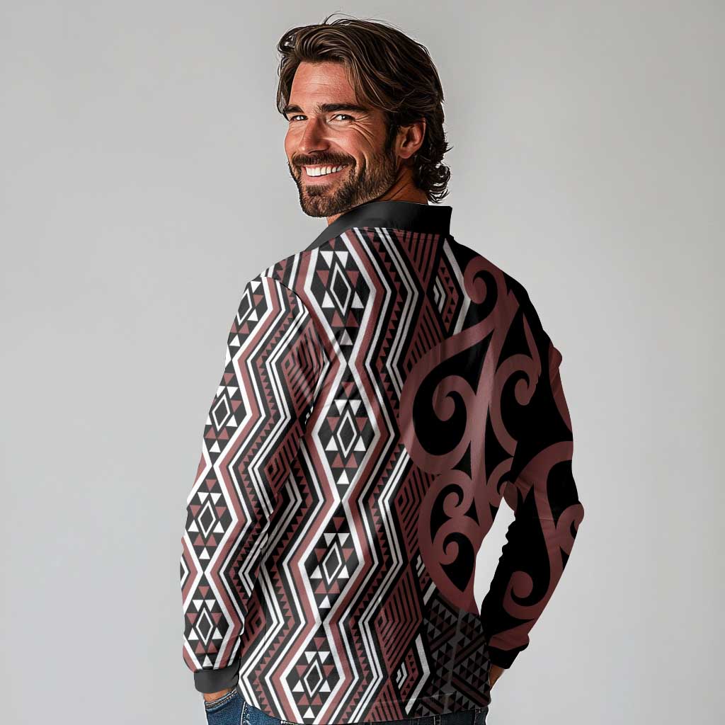 Maori Taniko Patterns Long Sleeve Polo Shirt Brown Patiki Motifs Mix Whakairo Ngaru