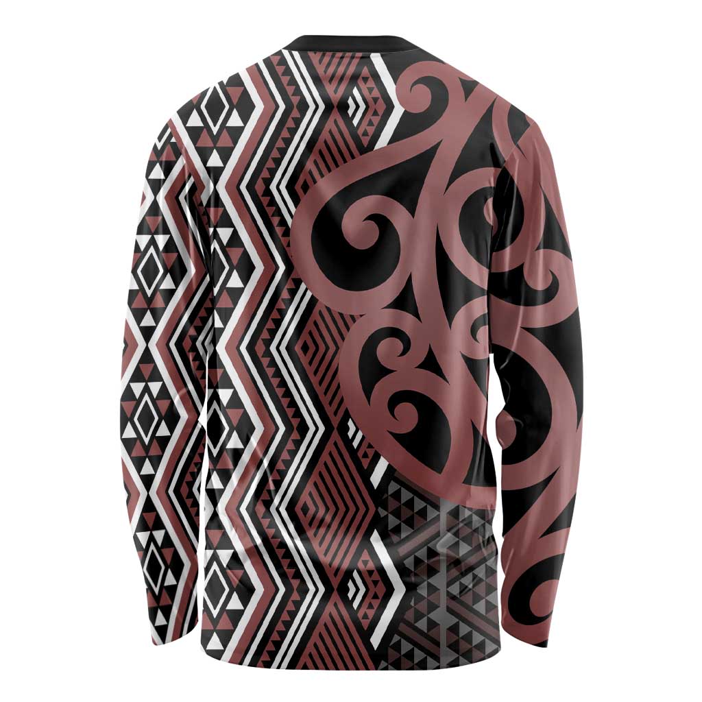 Maori Taniko Patterns Long Sleeve Shirt Brown Patiki Motifs Mix Whakairo Ngaru LT7 - Polynesian Pride