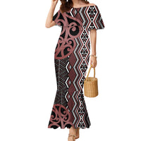 Maori Taniko Patterns Mermaid Dress Brown Patiki Motifs Mix Whakairo Ngaru