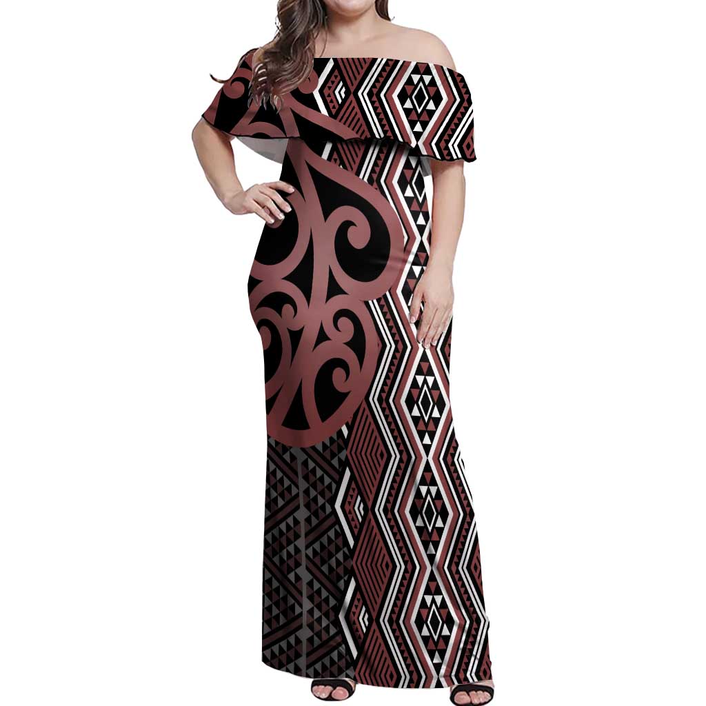 Maori Taniko Patterns Off Shoulder Maxi Dress Brown Patiki Motifs Mix Whakairo Ngaru LT7 Women Brown - Polynesian Pride