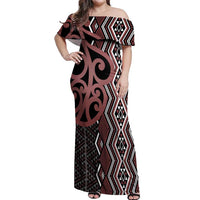 Maori Taniko Patterns Off Shoulder Maxi Dress Brown Patiki Motifs Mix Whakairo Ngaru LT7 Women Brown - Polynesian Pride