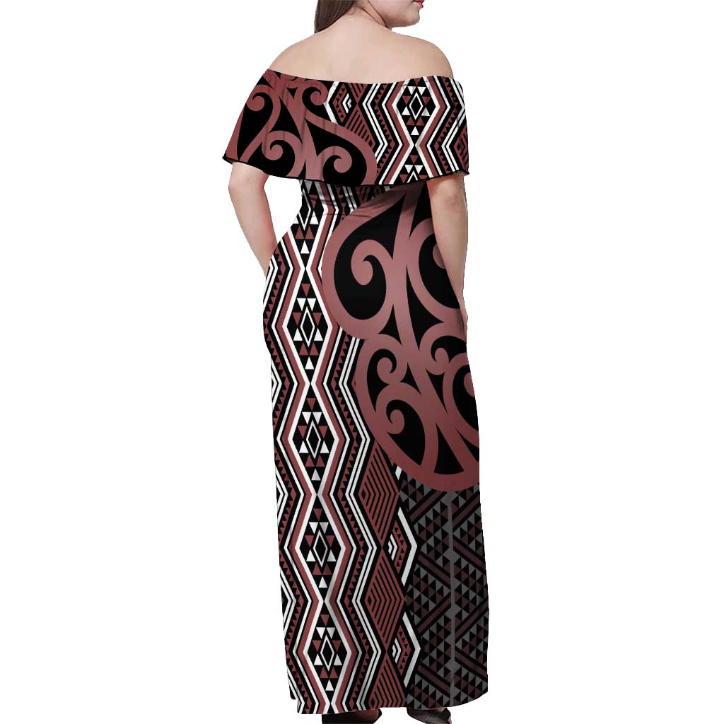 Maori Taniko Patterns Off Shoulder Maxi Dress Brown Patiki Motifs Mix Whakairo Ngaru LT7 - Polynesian Pride