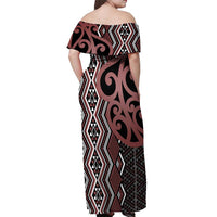 Maori Taniko Patterns Off Shoulder Maxi Dress Brown Patiki Motifs Mix Whakairo Ngaru LT7 - Polynesian Pride