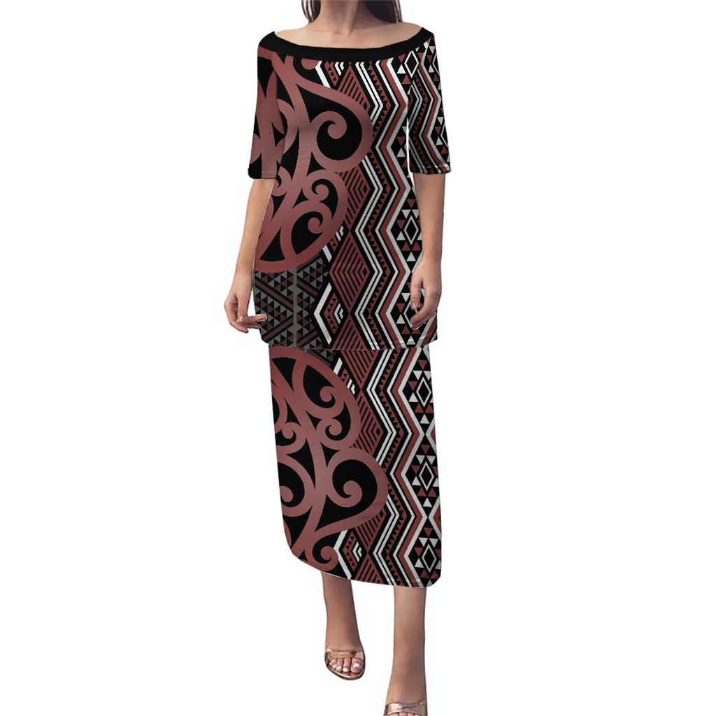 Maori Taniko Patterns Puletasi Brown Patiki Motifs Mix Whakairo Ngaru LT7 Long Dress Brown - Polynesian Pride