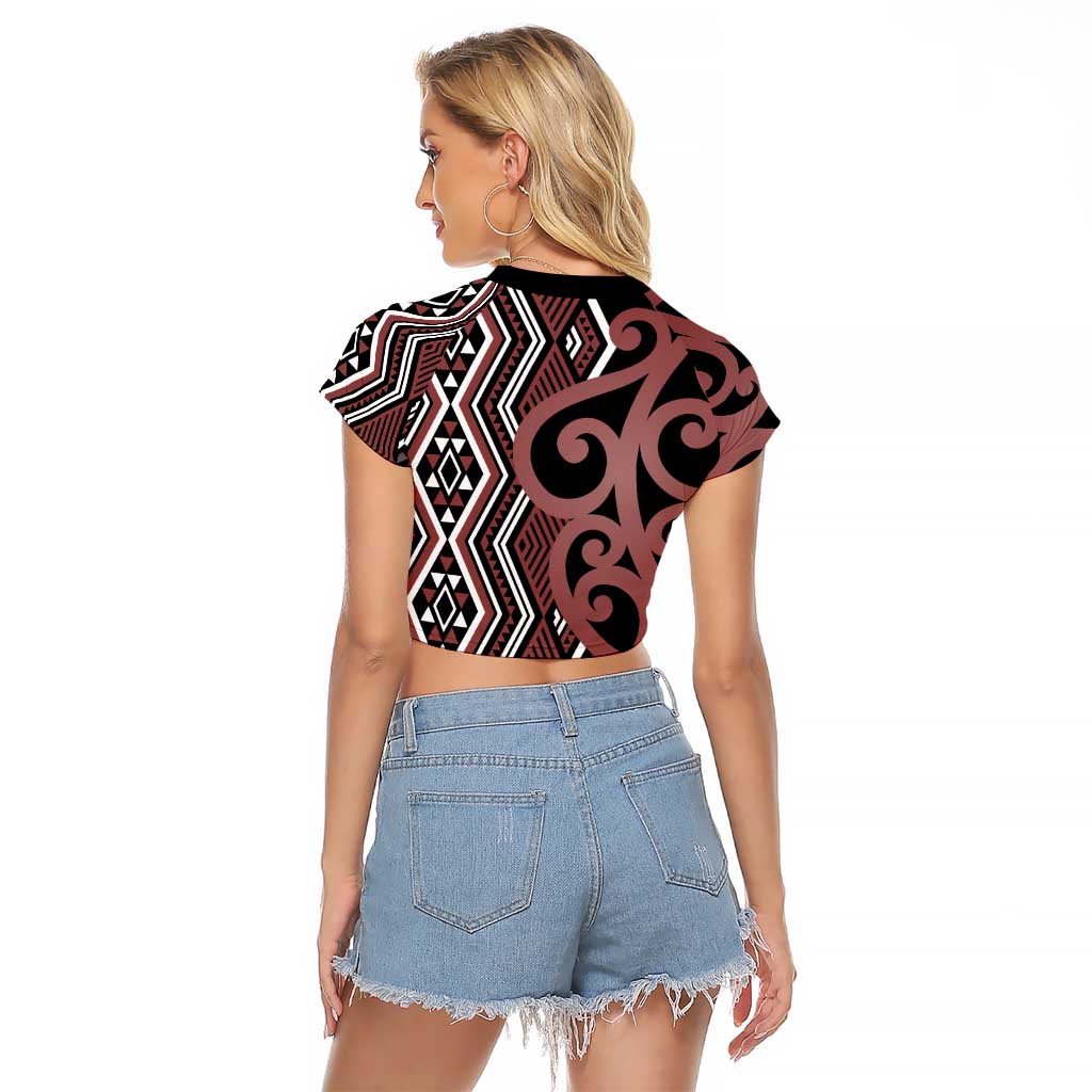 Maori Taniko Patterns Raglan Cropped T Shirt Brown Patiki Motifs Mix Whakairo Ngaru LT7 - Polynesian Pride