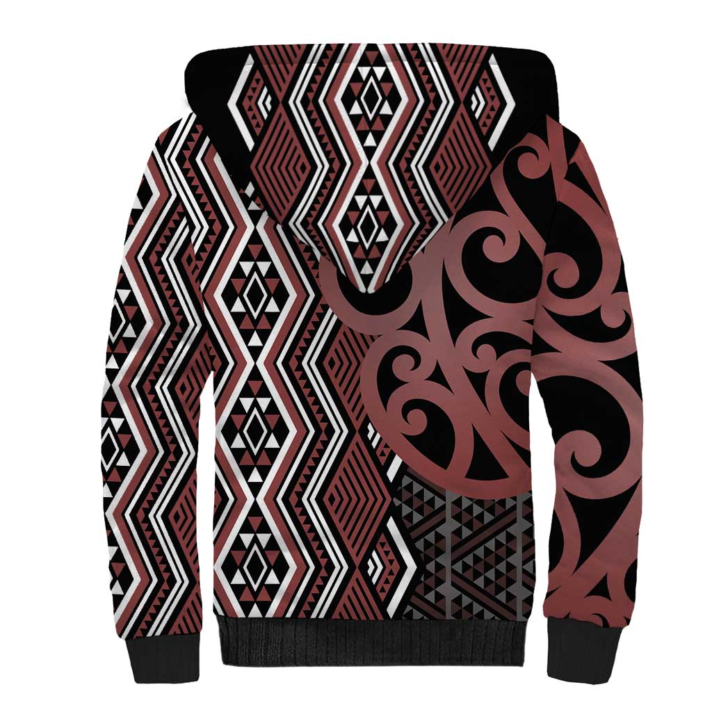 Maori Taniko Patterns Sherpa Hoodie Brown Patiki Motifs Mix Whakairo Ngaru LT7 - Polynesian Pride