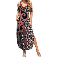 Maori Taniko Patterns Summer Maxi Dress Brown Patiki Motifs Mix Whakairo Ngaru LT7 Women Brown - Polynesian Pride