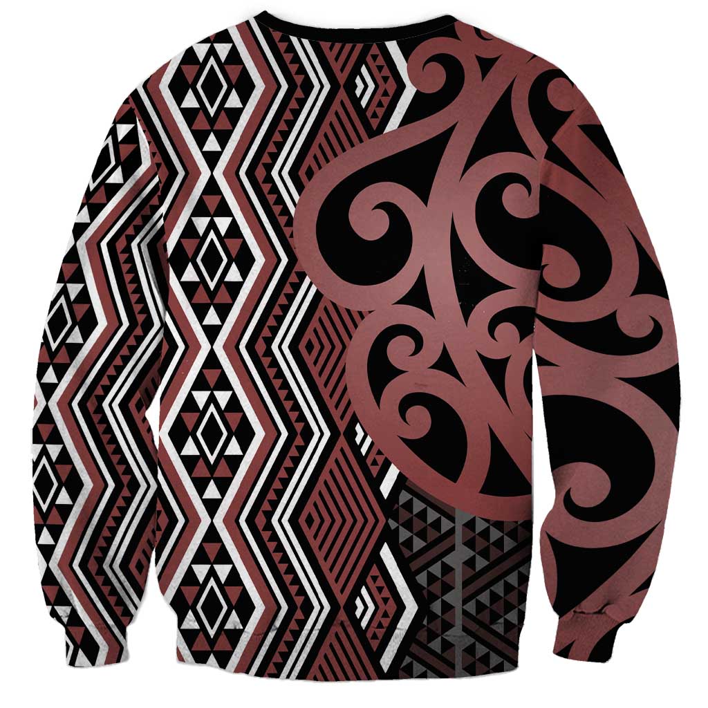 Maori Taniko Patterns Sweatshirt Brown Patiki Motifs Mix Whakairo Ngaru LT7 - Polynesian Pride