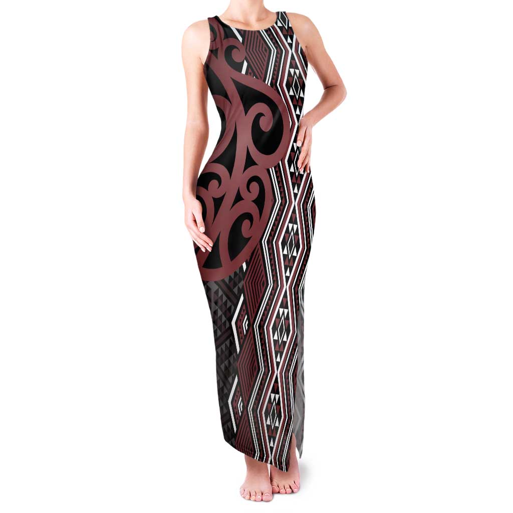 Maori Taniko Patterns Tank Maxi Dress Brown Patiki Motifs Mix Whakairo Ngaru