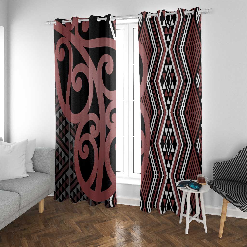 Maori Taniko Patterns Window Curtain Brown Patiki Motifs Mix Whakairo Ngaru LT7 With Grommets Brown - Polynesian Pride