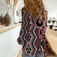 Maori Taniko Patterns Women Casual Shirt Brown Patiki Motifs Mix Whakairo Ngaru