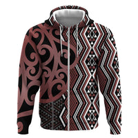 Maori Taniko Patterns Zip Hoodie Brown Patiki Motifs Mix Whakairo Ngaru