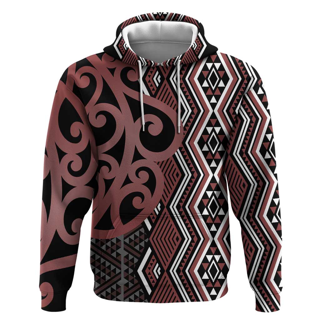 Maori Taniko Patterns Zip Hoodie Brown Patiki Motifs Mix Whakairo Ngaru