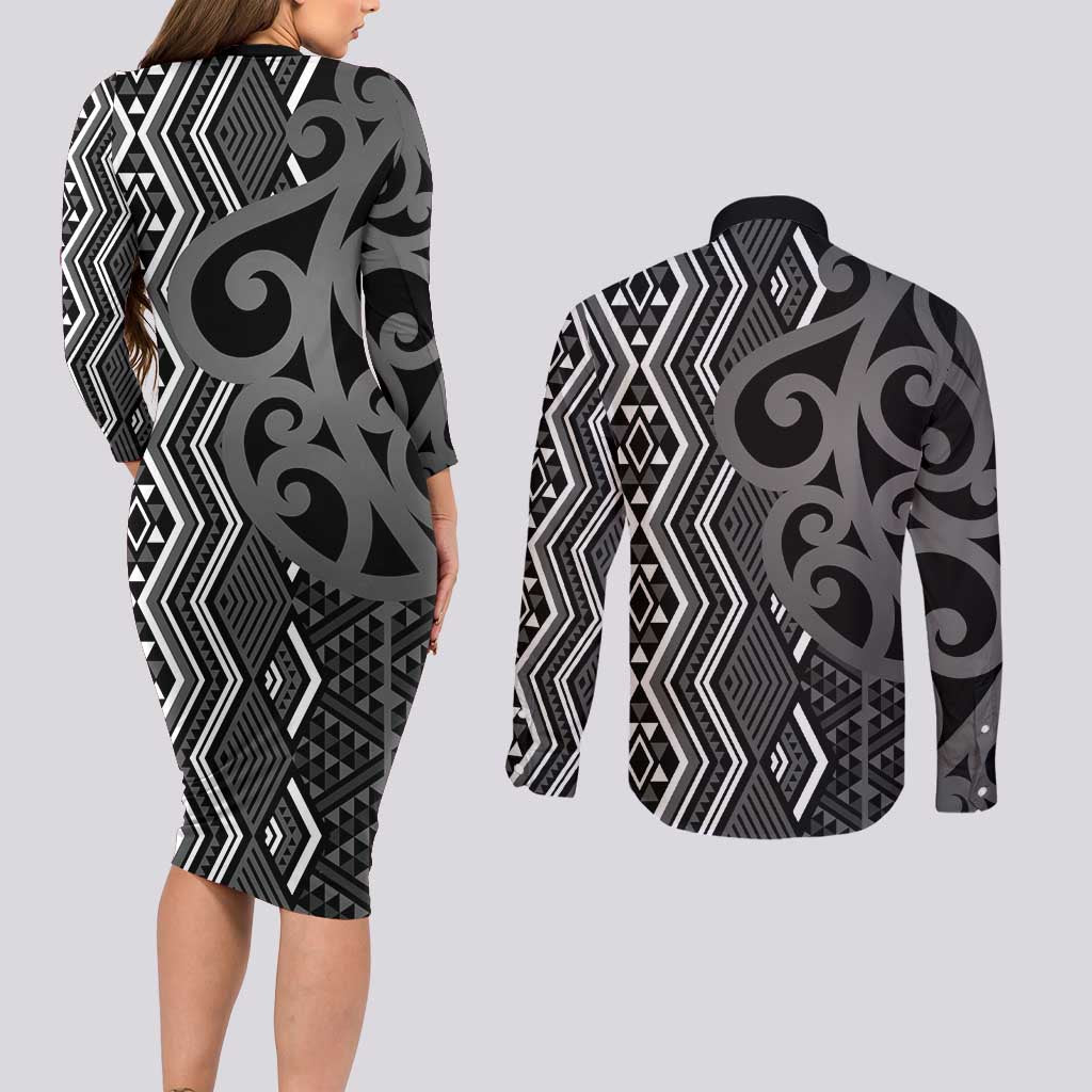 Maori Taniko Patterns Couples Matching Long Sleeve Bodycon Dress and Long Sleeve Button Shirt Black Patiki Motifs Mix Whakairo Ngaru