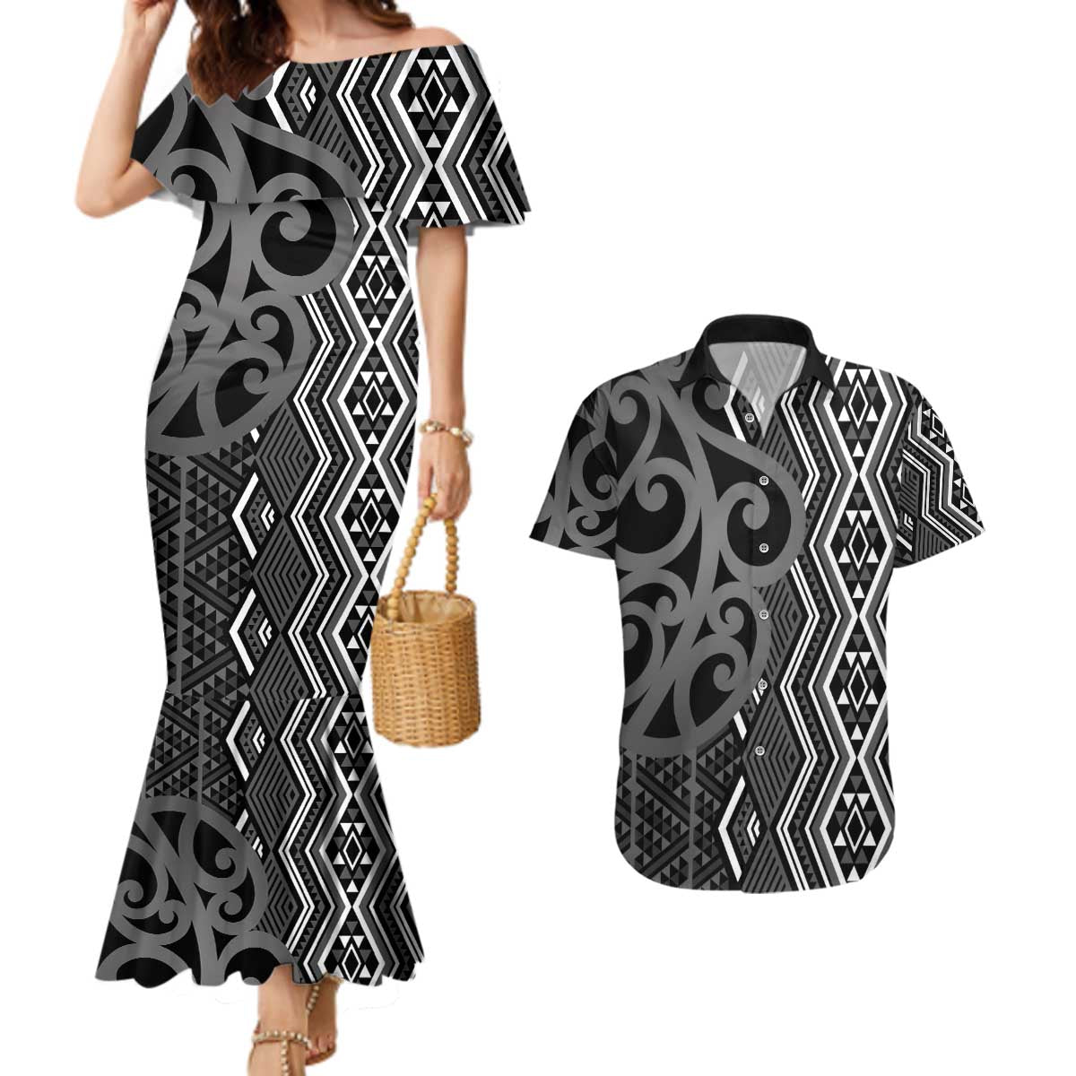 Maori Taniko Patterns Couples Matching Mermaid Dress and Hawaiian Shirt Black Patiki Motifs Mix Whakairo Ngaru