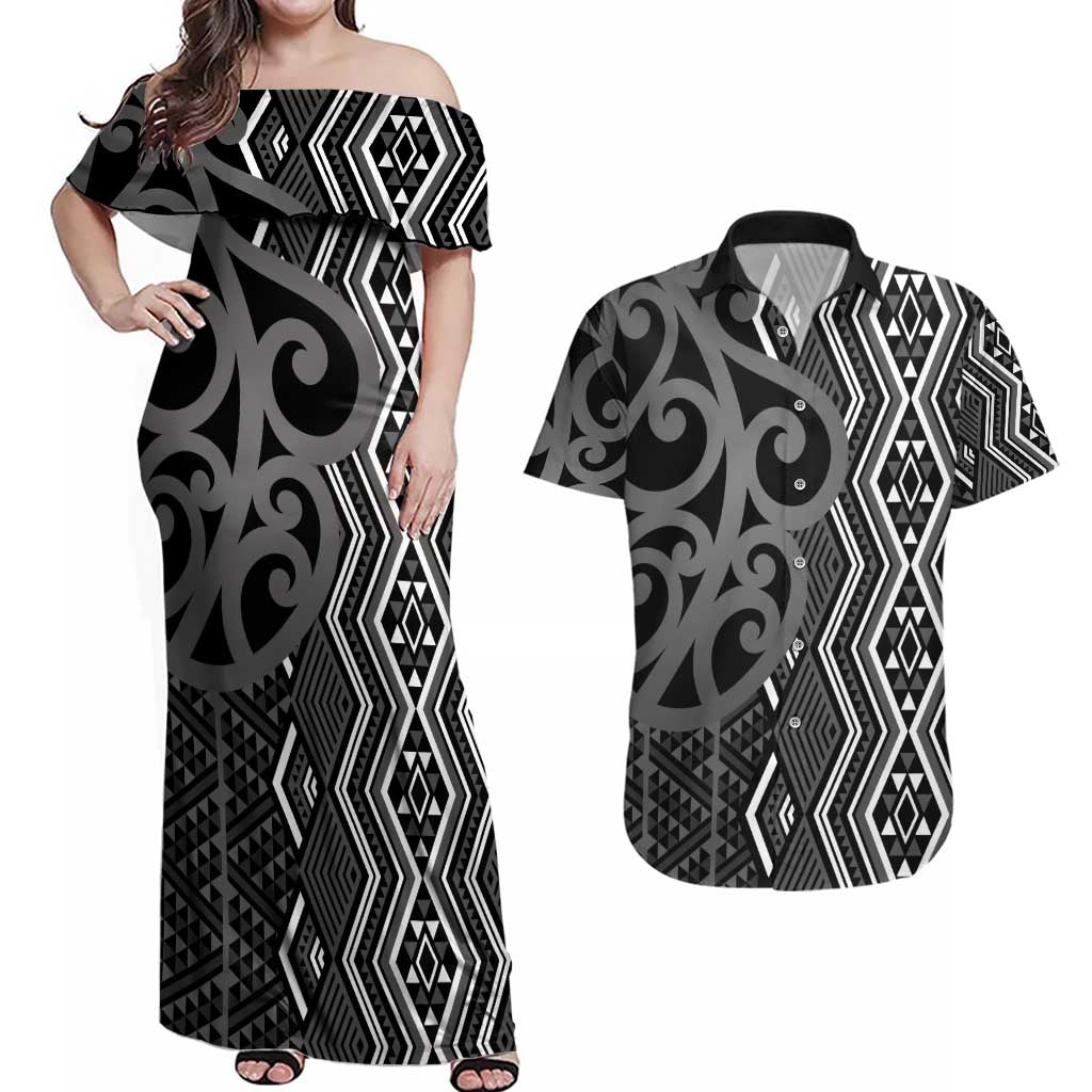 Maori Taniko Patterns Couples Matching Off Shoulder Maxi Dress and Hawaiian Shirt Black Patiki Motifs Mix Whakairo Ngaru LT7 Black - Polynesian Pride