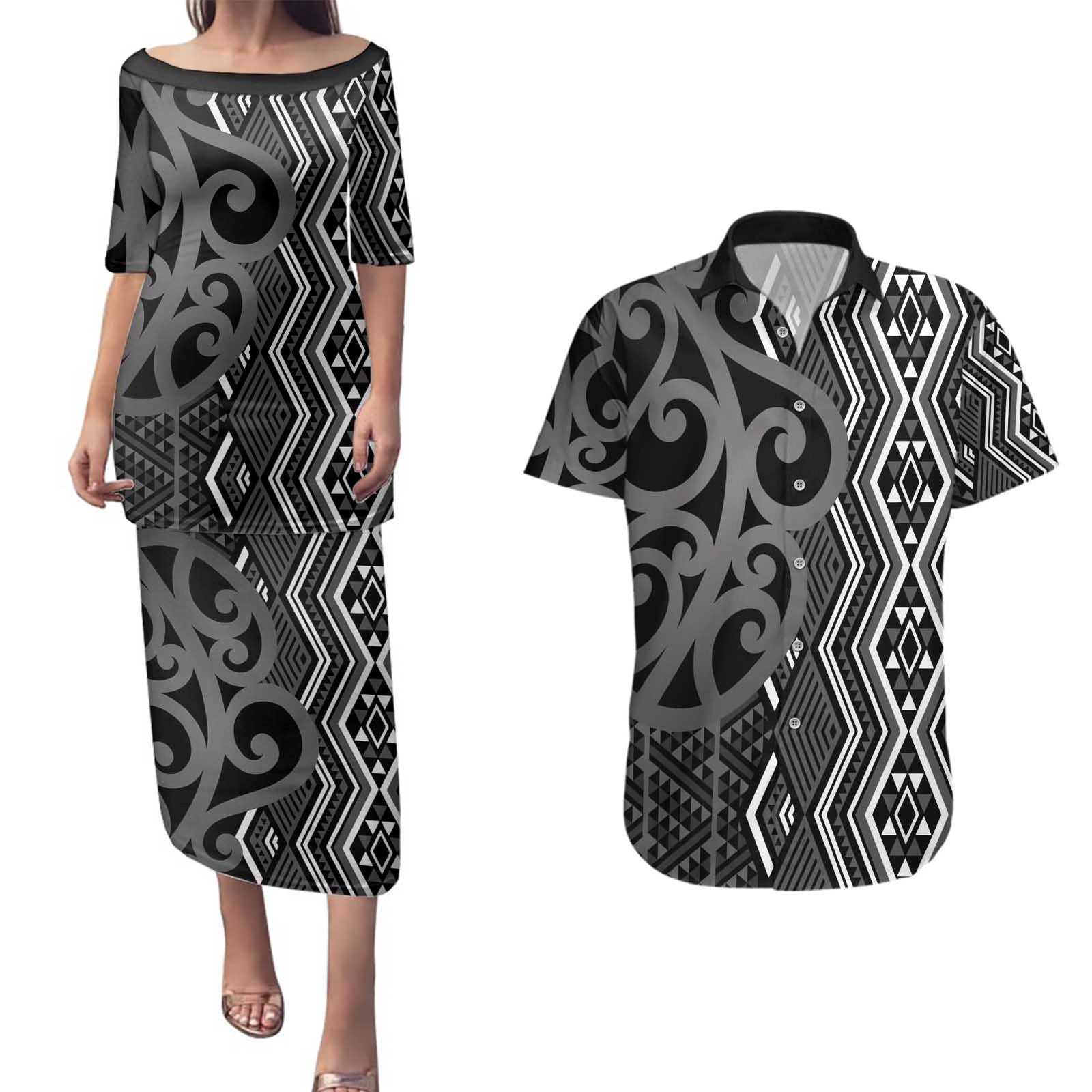 Maori Taniko Patterns Couples Matching Puletasi and Hawaiian Shirt Black Patiki Motifs Mix Whakairo Ngaru LT7 Black - Polynesian Pride
