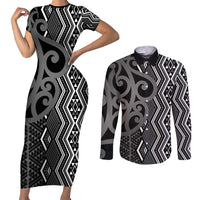Maori Taniko Patterns Couples Matching Short Sleeve Bodycon Dress and Long Sleeve Button Shirt Black Patiki Motifs Mix Whakairo Ngaru