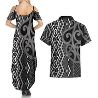 Maori Taniko Patterns Couples Matching Summer Maxi Dress and Hawaiian Shirt Black Patiki Motifs Mix Whakairo Ngaru