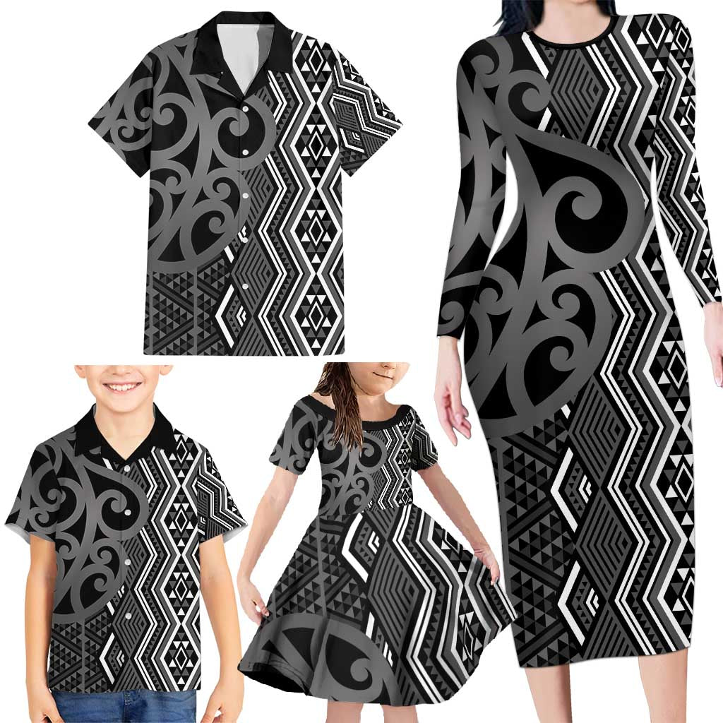 Maori Taniko Patterns Family Matching Long Sleeve Bodycon Dress and Hawaiian Shirt Black Patiki Motifs Mix Whakairo Ngaru