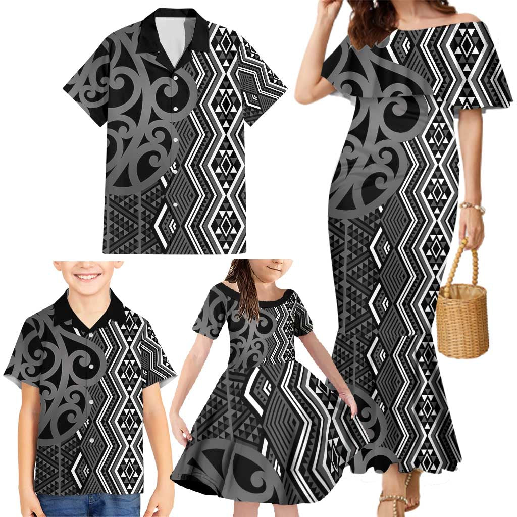 Maori Taniko Patterns Family Matching Mermaid Dress and Hawaiian Shirt Black Patiki Motifs Mix Whakairo Ngaru